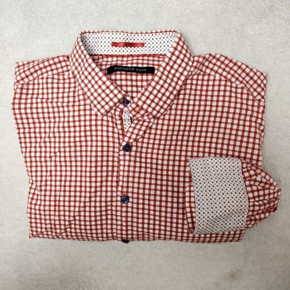 Hammer Made Shirt Mens 16.5 Red Gingham Plaid Button-Up Long Sleeve Flip Cuff